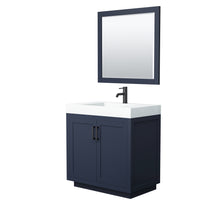 Load image into Gallery viewer, Wyndham Miranda 36 Inch Single Bathroom Vanity in Dark Blue, 4 Inch Thick Matte White Solid Surface Countertop, Integrated Sink, Matte Black Trim, 34 Inch Mirror- Wyndham