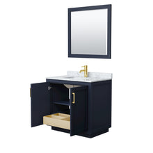 Load image into Gallery viewer, Wyndham Miranda 36 Inch Single Bathroom Vanity in Dark Blue, White Carrara Marble Countertop, Undermount Square Sink, Brushed Gold Trim, 34 Inch Mirror- Wyndham