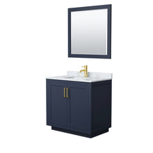Load image into Gallery viewer, Wyndham Miranda 36 Inch Single Bathroom Vanity in Dark Blue, White Carrara Marble Countertop, Undermount Square Sink, Brushed Gold Trim, 34 Inch Mirror- Wyndham