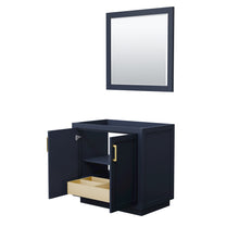 Load image into Gallery viewer, Wyndham Miranda 36 Inch Single Bathroom Vanity in Dark Blue, No Countertop, No Sink, Brushed Gold Trim, 34 Inch Mirror- Wyndham