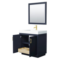 Load image into Gallery viewer, Wyndham Miranda 36 Inch Single Bathroom Vanity in Dark Blue, 4 Inch Thick Matte White Solid Surface Countertop, Integrated Sink, Brushed Gold Trim, 34 Inch Mirror- Wyndham
