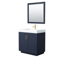 Load image into Gallery viewer, Wyndham Miranda 36 Inch Single Bathroom Vanity in Dark Blue, 4 Inch Thick Matte White Solid Surface Countertop, Integrated Sink, Brushed Gold Trim, 34 Inch Mirror- Wyndham