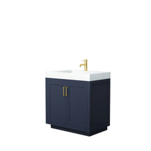 Load image into Gallery viewer, Wyndham Miranda 36 Inch Single Bathroom Vanity in Dark Blue, 4 Inch Thick Matte White Solid Surface Countertop, Integrated Sink, Brushed Gold Trim- Wyndham