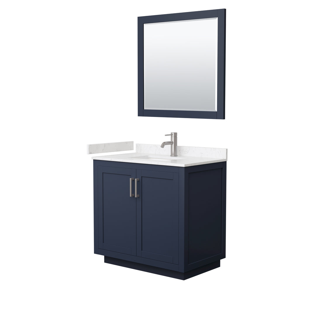 Wyndham Miranda 36 Inch Single Bathroom Vanity in Dark Blue, Light-Vein Carrara Cultured Marble Countertop, Undermount Square Sink, Brushed Nickel Trim, 34 Inch Mirror- Wyndham