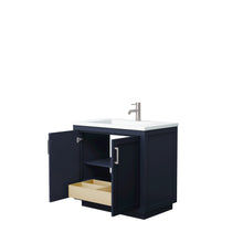 Load image into Gallery viewer, Wyndham Miranda 36 Inch Single Bathroom Vanity in Dark Blue, 1.25 Inch Thick Matte White Solid Surface Countertop, Integrated Sink, Brushed Nickel Trim- Wyndham