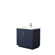 Load image into Gallery viewer, Wyndham Miranda 36 Inch Single Bathroom Vanity in Dark Blue, 1.25 Inch Thick Matte White Solid Surface Countertop, Integrated Sink, Brushed Nickel Trim- Wyndham