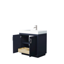 Load image into Gallery viewer, Wyndham Miranda 36 Inch Single Bathroom Vanity in Dark Blue, 4 Inch Thick Matte White Solid Surface Countertop, Integrated Sink, Brushed Nickel Trim- Wyndham