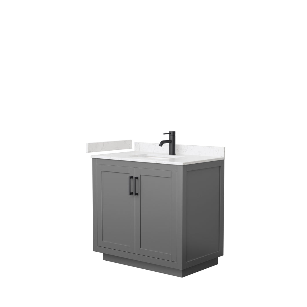 Wyndham Miranda 36 Inch Single Bathroom Vanity in Dark Gray, Light-Vein Carrara Cultured Marble Countertop, Undermount Square Sink, Matte Black Trim- Wyndham