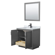 Load image into Gallery viewer, Wyndham Miranda 36 Inch Single Bathroom Vanity in Dark Gray, White Carrara Marble Countertop, Undermount Square Sink, Matte Black Trim, 34 Inch Mirror- Wyndham