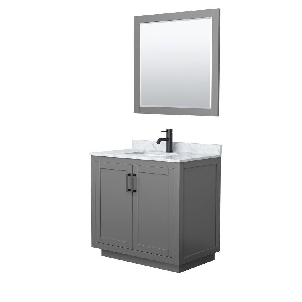 Wyndham Miranda 36 Inch Single Bathroom Vanity in Dark Gray, White Carrara Marble Countertop, Undermount Square Sink, Matte Black Trim, 34 Inch Mirror- Wyndham