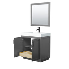 Load image into Gallery viewer, Wyndham Miranda 36 Inch Single Bathroom Vanity in Dark Gray, 4 Inch Thick Matte White Solid Surface Countertop, Integrated Sink, Matte Black Trim, 34 Inch Mirror- Wyndham