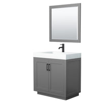 Load image into Gallery viewer, Wyndham Miranda 36 Inch Single Bathroom Vanity in Dark Gray, 4 Inch Thick Matte White Solid Surface Countertop, Integrated Sink, Matte Black Trim, 34 Inch Mirror- Wyndham