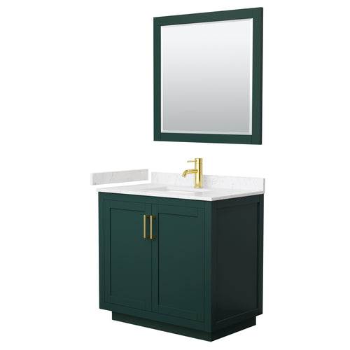 Wyndham Miranda 36 Inch Single Bathroom Vanity in Green, Light-Vein Carrara Cultured Marble Countertop, Undermount Square Sink, Brushed Gold Trim, 34 Inch Mirror- Wyndham