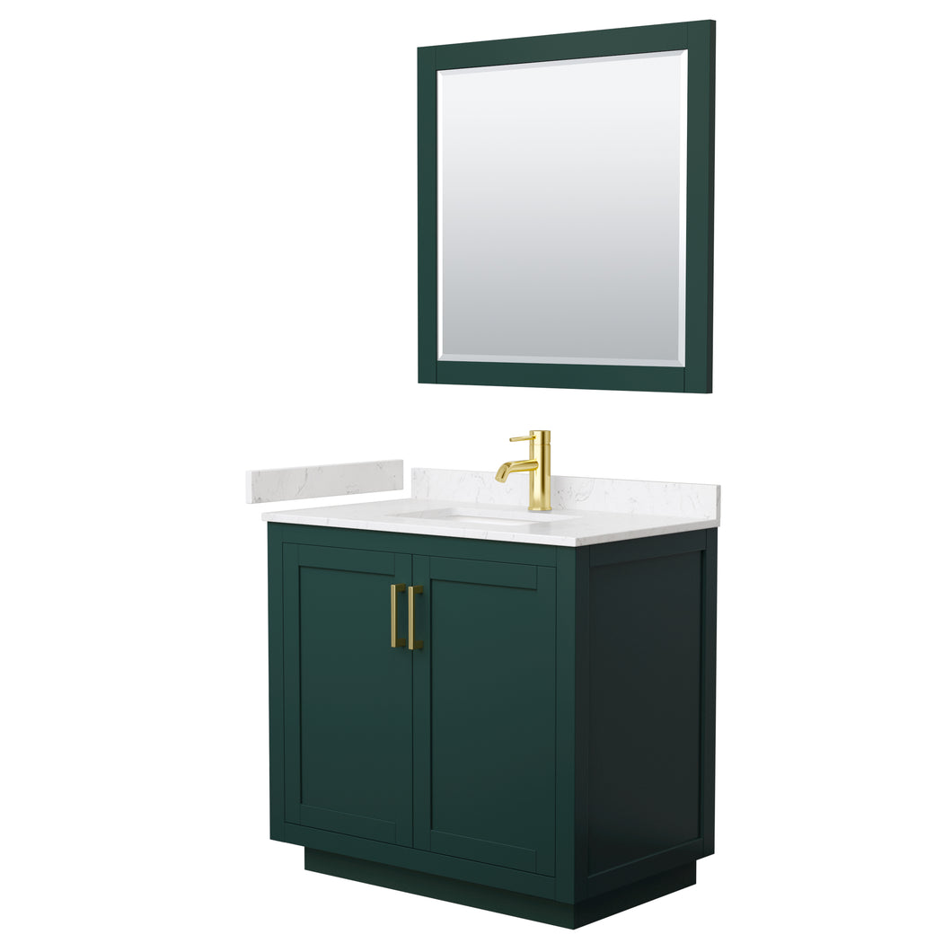 Wyndham Miranda 36 Inch Single Bathroom Vanity in Green, Light-Vein Carrara Cultured Marble Countertop, Undermount Square Sink, Brushed Gold Trim, 34 Inch Mirror- Wyndham