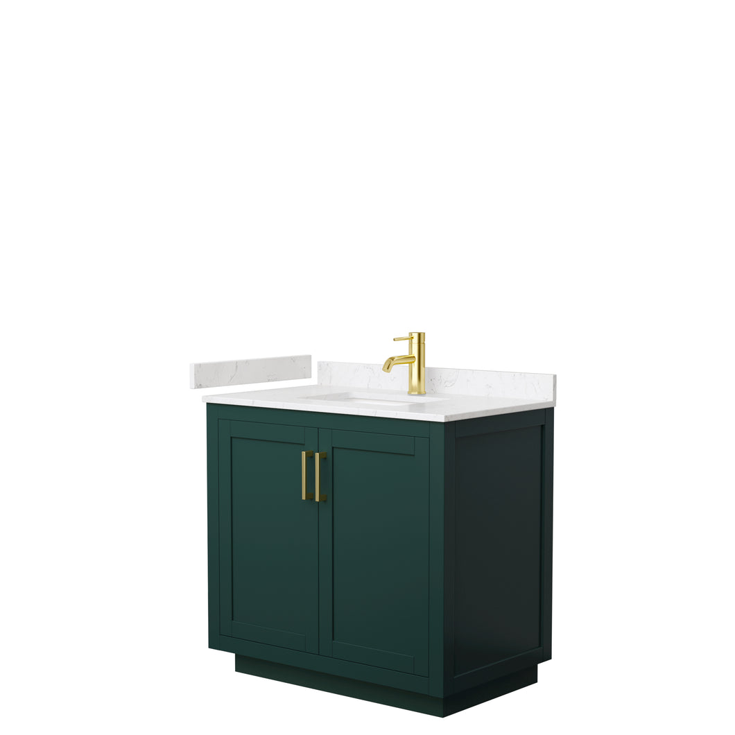 Wyndham Miranda 36 Inch Single Bathroom Vanity in Green, Light-Vein Carrara Cultured Marble Countertop, Undermount Square Sink, Brushed Gold Trim- Wyndham