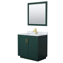 Load image into Gallery viewer, Wyndham Miranda 36 Inch Single Bathroom Vanity in Green, White Carrara Marble Countertop, Undermount Square Sink, Brushed Gold Trim, 34 Inch Mirror- Wyndham