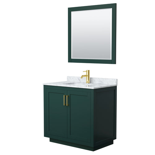 Wyndham Miranda 36 Inch Single Bathroom Vanity in Green, White Carrara Marble Countertop, Undermount Square Sink, Brushed Gold Trim, 34 Inch Mirror- Wyndham