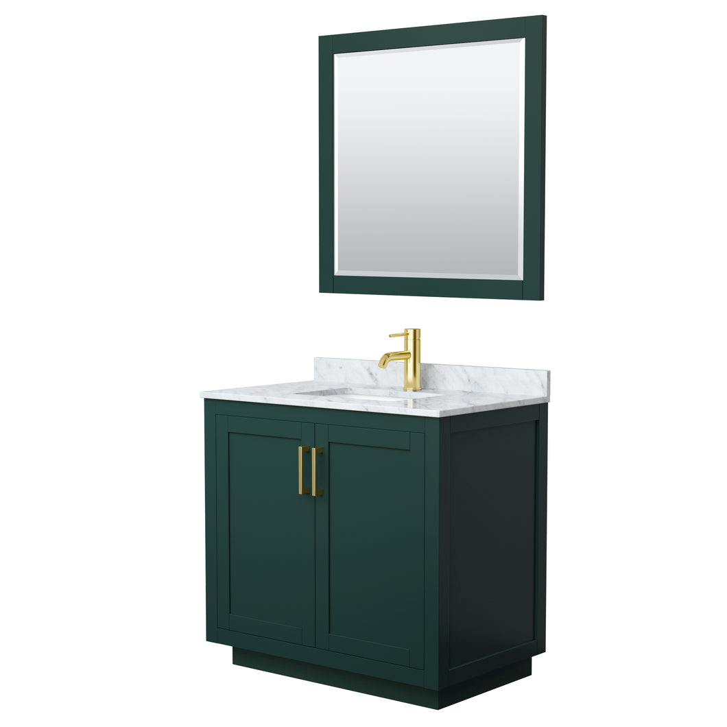 Wyndham Miranda 36 Inch Single Bathroom Vanity in Green, White Carrara Marble Countertop, Undermount Square Sink, Brushed Gold Trim, 34 Inch Mirror- Wyndham