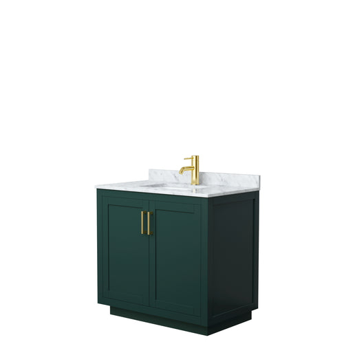 Wyndham Miranda 36 Inch Single Bathroom Vanity in Green, White Carrara Marble Countertop, Undermount Square Sink, Brushed Gold Trim- Wyndham