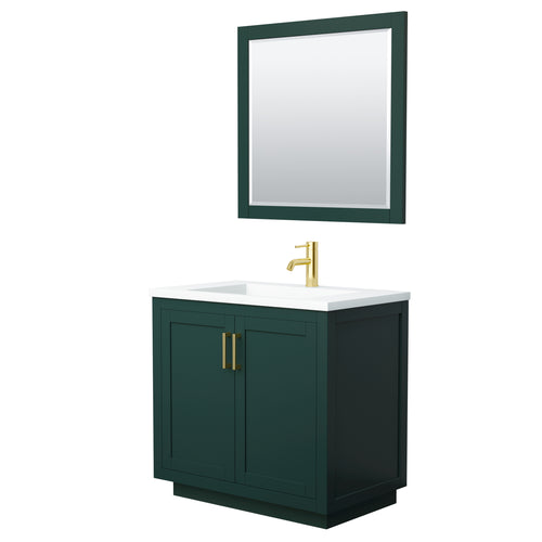 Wyndham Miranda 36 Inch Single Bathroom Vanity in Green, 1.25 Inch Thick Matte White Solid Surface Countertop, Integrated Sink, Brushed Gold Trim, 34 Inch Mirror- Wyndham