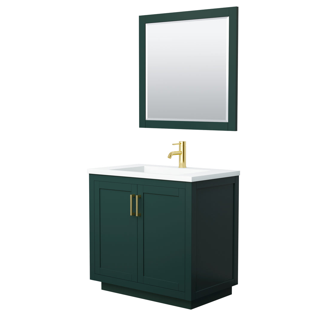 Wyndham Miranda 36 Inch Single Bathroom Vanity in Green, 1.25 Inch Thick Matte White Solid Surface Countertop, Integrated Sink, Brushed Gold Trim, 34 Inch Mirror- Wyndham