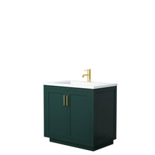 Load image into Gallery viewer, Wyndham Miranda 36 Inch Single Bathroom Vanity in Green, 1.25 Inch Thick Matte White Solid Surface Countertop, Integrated Sink, Brushed Gold Trim- Wyndham