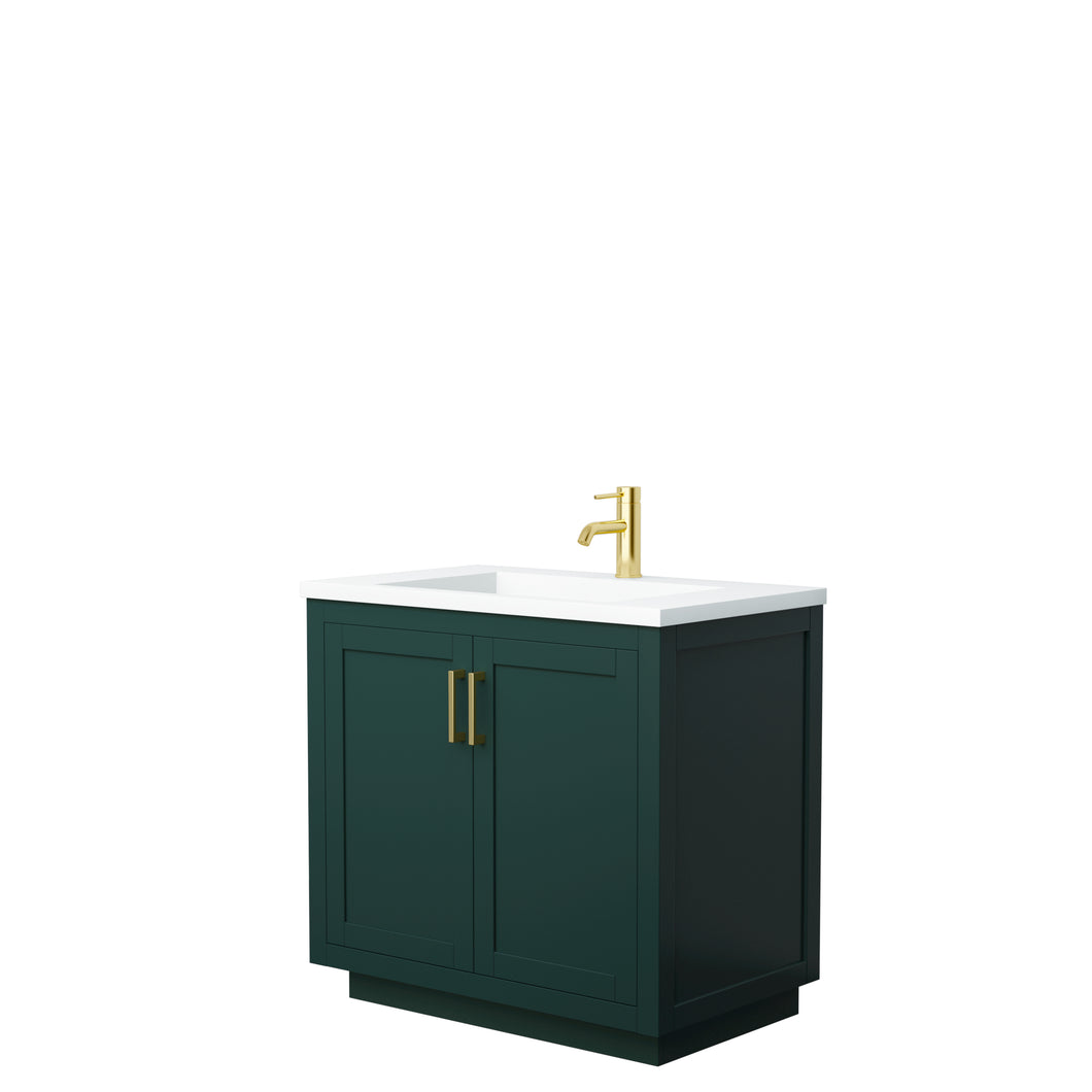 Wyndham Miranda 36 Inch Single Bathroom Vanity in Green, 1.25 Inch Thick Matte White Solid Surface Countertop, Integrated Sink, Brushed Gold Trim- Wyndham