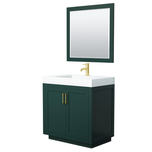 Wyndham Miranda 36 Inch Single Bathroom Vanity in Green, 4 Inch Thick Matte White Solid Surface Countertop, Integrated Sink, Brushed Gold Trim, 34 Inch Mirror- Wyndham