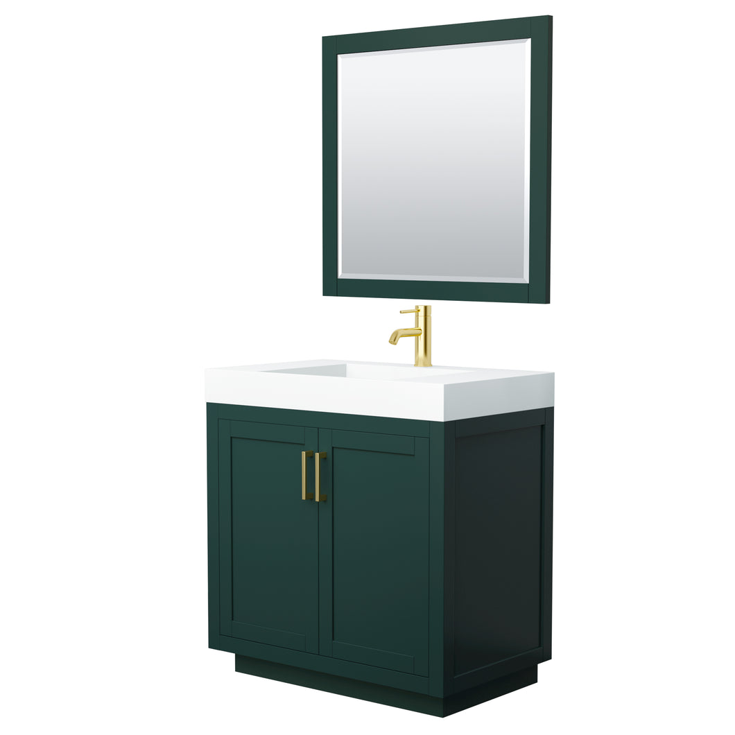 Wyndham Miranda 36 Inch Single Bathroom Vanity in Green, 4 Inch Thick Matte White Solid Surface Countertop, Integrated Sink, Brushed Gold Trim, 34 Inch Mirror- Wyndham