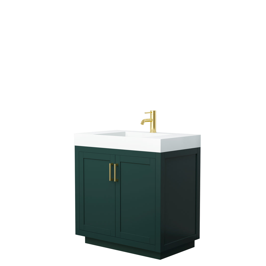 Wyndham Miranda 36 Inch Single Bathroom Vanity in Green, 4 Inch Thick Matte White Solid Surface Countertop, Integrated Sink, Brushed Gold Trim- Wyndham