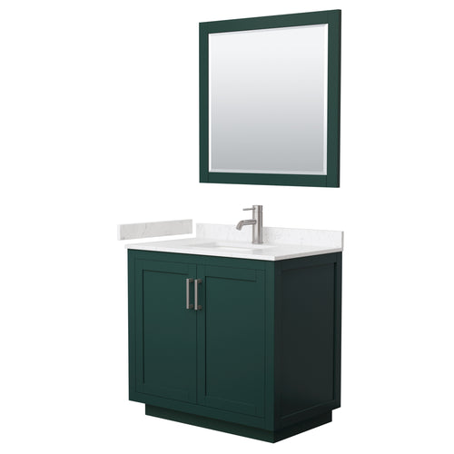 Wyndham Miranda 36 Inch Single Bathroom Vanity in Green, Light-Vein Carrara Cultured Marble Countertop, Undermount Square Sink, Brushed Nickel Trim, 34 Inch Mirror- Wyndham