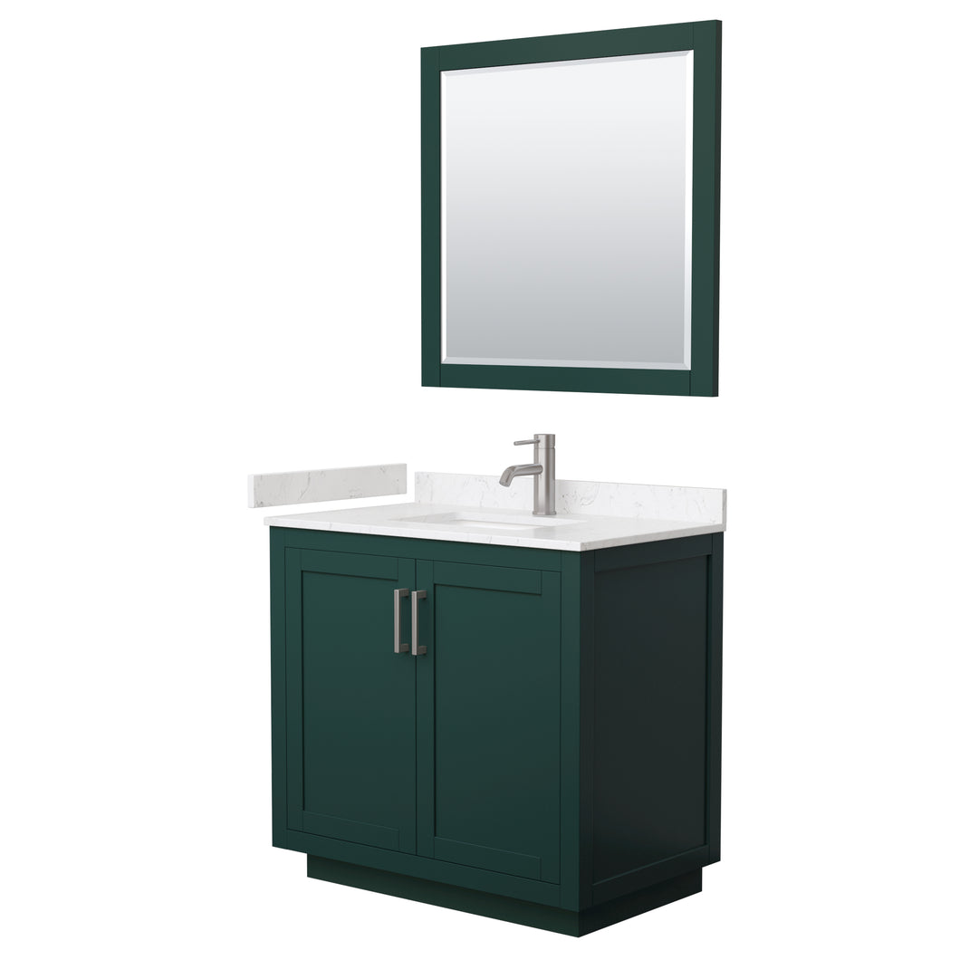 Wyndham Miranda 36 Inch Single Bathroom Vanity in Green, Light-Vein Carrara Cultured Marble Countertop, Undermount Square Sink, Brushed Nickel Trim, 34 Inch Mirror- Wyndham