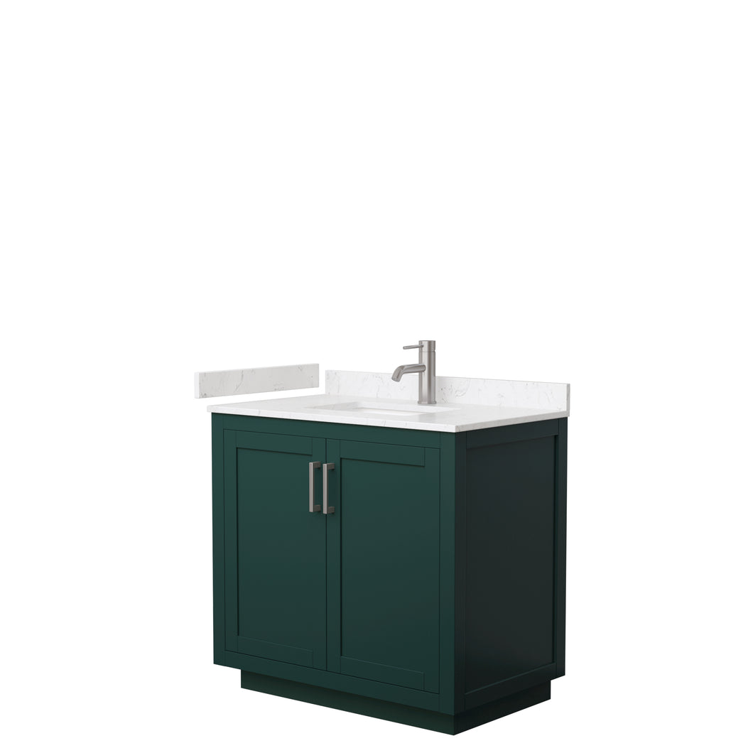 Wyndham Miranda 36 Inch Single Bathroom Vanity in Green, Light-Vein Carrara Cultured Marble Countertop, Undermount Square Sink, Brushed Nickel Trim- Wyndham