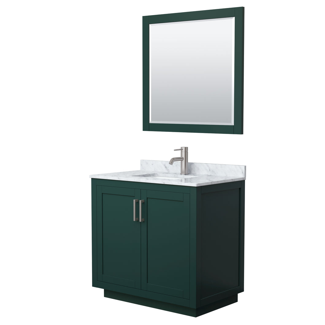 Wyndham Miranda 36 Inch Single Bathroom Vanity in Green, White Carrara Marble Countertop, Undermount Square Sink, Brushed Nickel Trim, 34 Inch Mirror- Wyndham