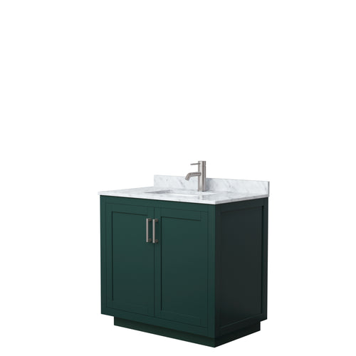 Wyndham Miranda 36 Inch Single Bathroom Vanity in Green, White Carrara Marble Countertop, Undermount Square Sink, Brushed Nickel Trim- Wyndham