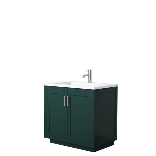 Wyndham Miranda 36 Inch Single Bathroom Vanity in Green, 1.25 Inch Thick Matte White Solid Surface Countertop, Integrated Sink, Brushed Nickel Trim- Wyndham