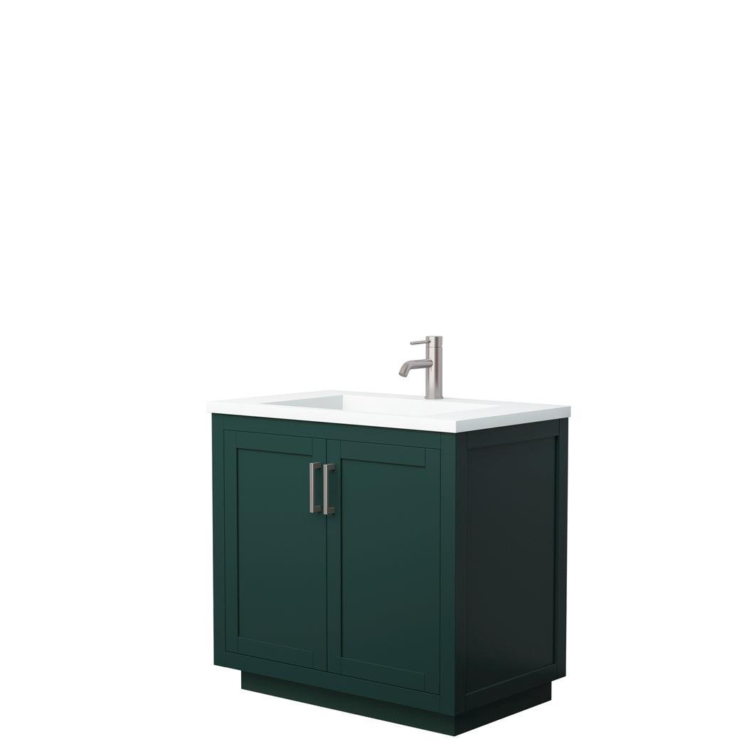 Wyndham Miranda 36 Inch Single Bathroom Vanity in Green, 1.25 Inch Thick Matte White Solid Surface Countertop, Integrated Sink, Brushed Nickel Trim- Wyndham