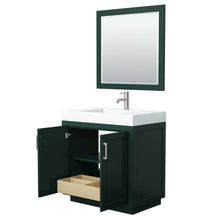 Load image into Gallery viewer, Wyndham Miranda 36 Inch Single Bathroom Vanity in Green, 4 Inch Thick Matte White Solid Surface Countertop, Integrated Sink, Brushed Nickel Trim, 34 Inch Mirror- Wyndham