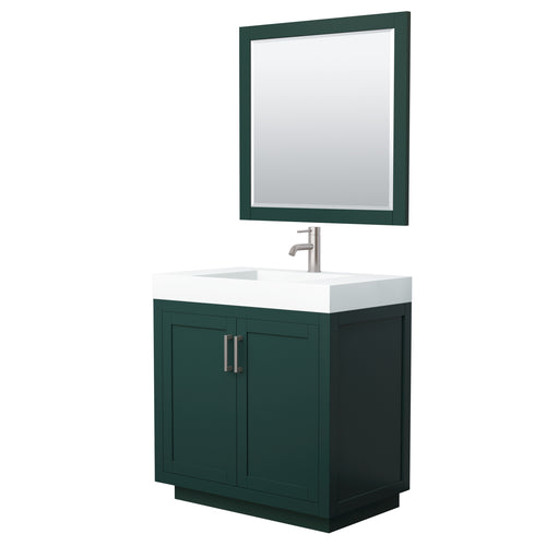 Wyndham Miranda 36 Inch Single Bathroom Vanity in Green, 4 Inch Thick Matte White Solid Surface Countertop, Integrated Sink, Brushed Nickel Trim, 34 Inch Mirror- Wyndham
