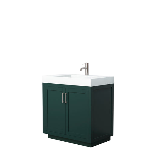 Wyndham Miranda 36 Inch Single Bathroom Vanity in Green, 4 Inch Thick Matte White Solid Surface Countertop, Integrated Sink, Brushed Nickel Trim- Wyndham