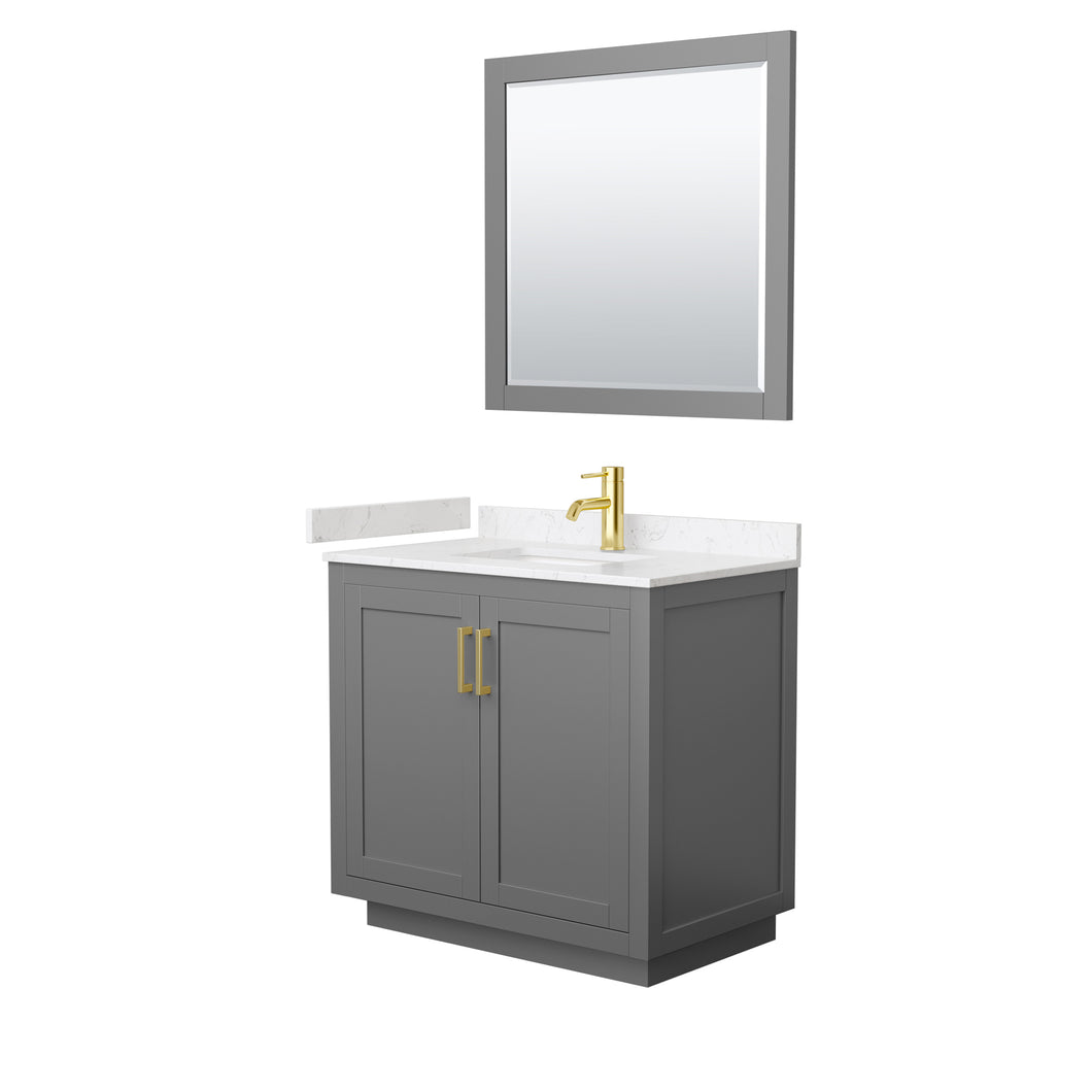 Wyndham Miranda 36 Inch Single Bathroom Vanity in Dark Gray, Light-Vein Carrara Cultured Marble Countertop, Undermount Square Sink, Brushed Gold Trim, 34 Inch Mirror- Wyndham