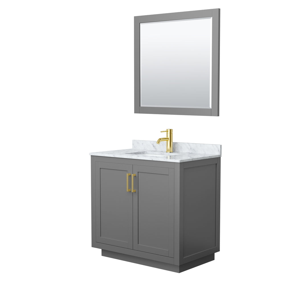 Wyndham Miranda 36 Inch Single Bathroom Vanity in Dark Gray, White Carrara Marble Countertop, Undermount Square Sink, Brushed Gold Trim, 34 Inch Mirror- Wyndham