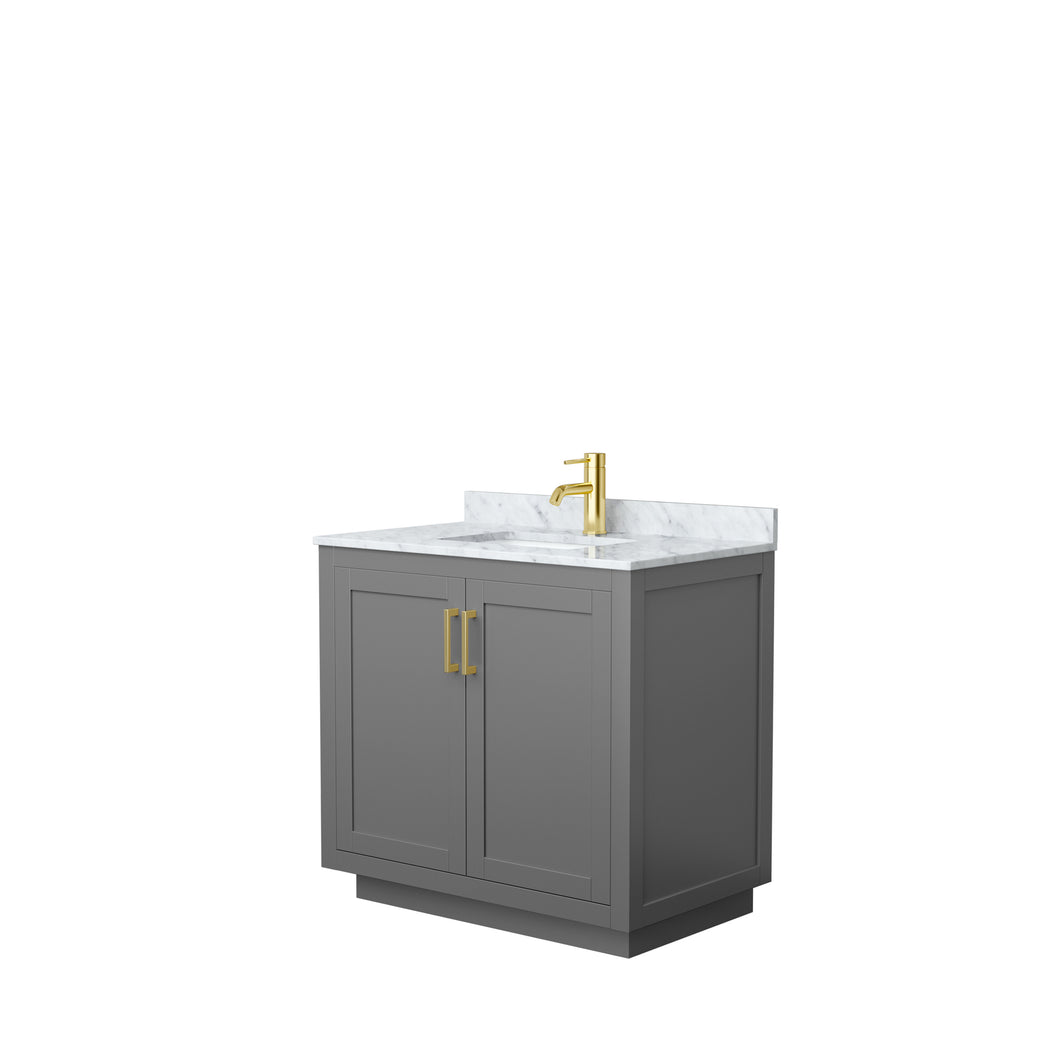 Wyndham Miranda 36 Inch Single Bathroom Vanity in Dark Gray, White Carrara Marble Countertop, Undermount Square Sink, Brushed Gold Trim- Wyndham