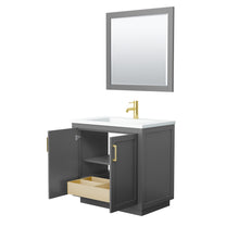 Load image into Gallery viewer, Wyndham Miranda 36 Inch Single Bathroom Vanity in Dark Gray, 1.25 Inch Thick Matte White Solid Surface Countertop, Integrated Sink, Brushed Gold Trim, 34 Inch Mirror- Wyndham