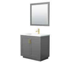 Load image into Gallery viewer, Wyndham Miranda 36 Inch Single Bathroom Vanity in Dark Gray, 1.25 Inch Thick Matte White Solid Surface Countertop, Integrated Sink, Brushed Gold Trim, 34 Inch Mirror- Wyndham