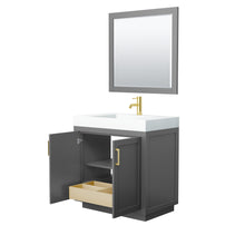 Load image into Gallery viewer, Wyndham Miranda 36 Inch Single Bathroom Vanity in Dark Gray, 4 Inch Thick Matte White Solid Surface Countertop, Integrated Sink, Brushed Gold Trim, 34 Inch Mirror- Wyndham