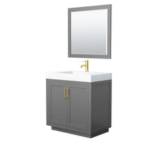 Load image into Gallery viewer, Wyndham Miranda 36 Inch Single Bathroom Vanity in Dark Gray, 4 Inch Thick Matte White Solid Surface Countertop, Integrated Sink, Brushed Gold Trim, 34 Inch Mirror- Wyndham
