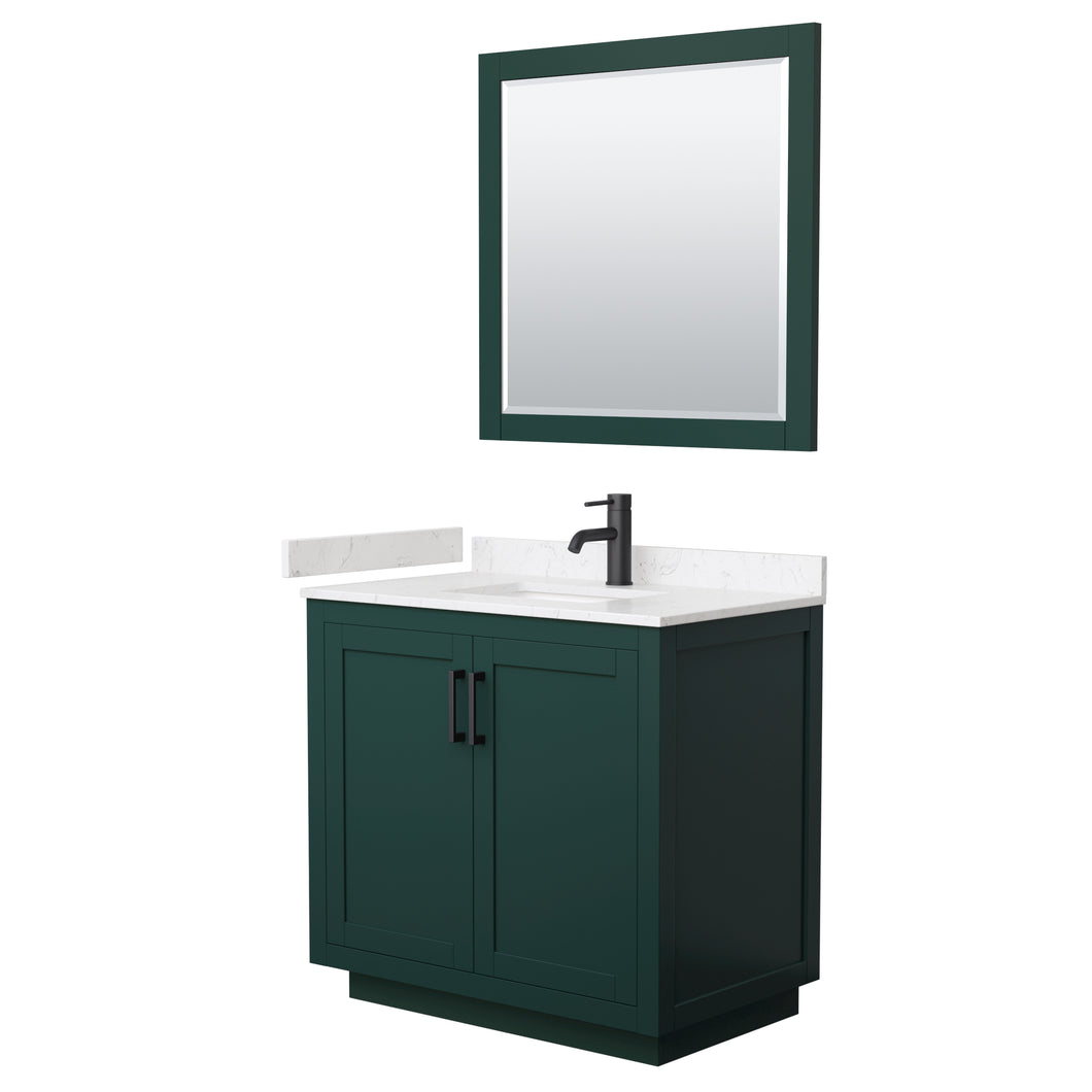 Wyndham Miranda 36 Inch Single Bathroom Vanity in Green, Light-Vein Carrara Cultured Marble Countertop, Undermount Square Sink, Matte Black Trim, 34 Inch Mirror- Wyndham