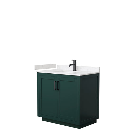 Wyndham Miranda 36 Inch Single Bathroom Vanity in Green, Light-Vein Carrara Cultured Marble Countertop, Undermount Square Sink, Matte Black Trim- Wyndham