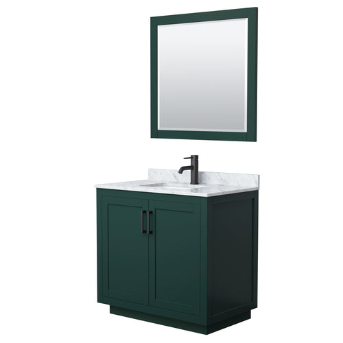 Wyndham Miranda 36 Inch Single Bathroom Vanity in Green, White Carrara Marble Countertop, Undermount Square Sink, Matte Black Trim, 34 Inch Mirror- Wyndham